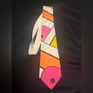 Handmade 100% Silk Abstract‎ Geometric Art Necktie Pink Orange Yellow White